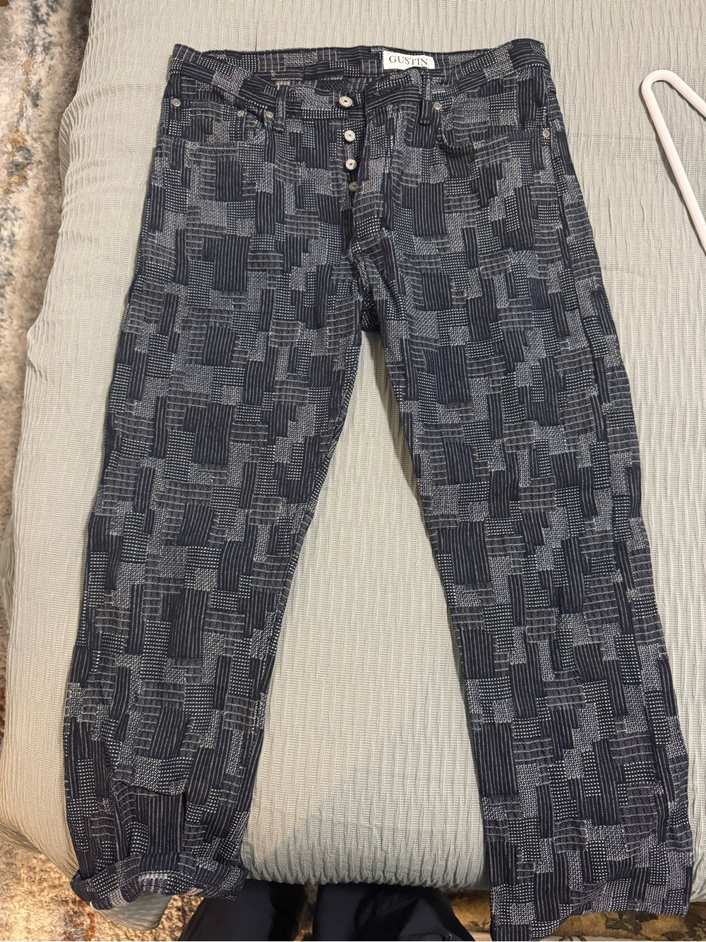 Gustin Men's Patchwork-Pattern Navy & Gray Jeans